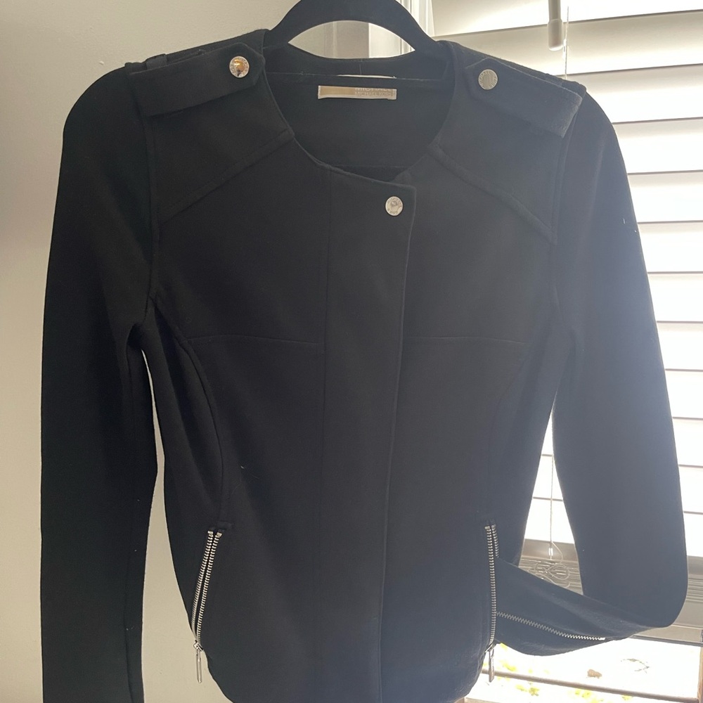 MICHAEL Michael Kors Black Knit Biker Jacket with Silver Accents